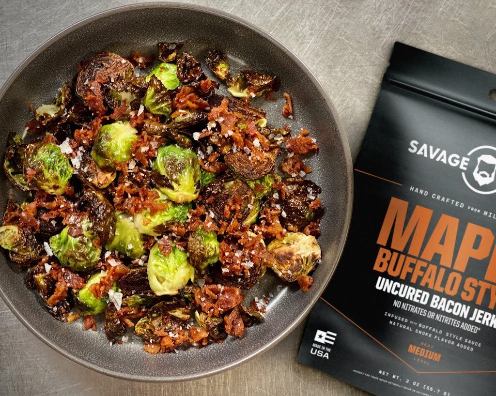Crispy Roasted Brussels Sprouts with Savage Maple Buffalo Bacon and Balsamic Maple Drizzle